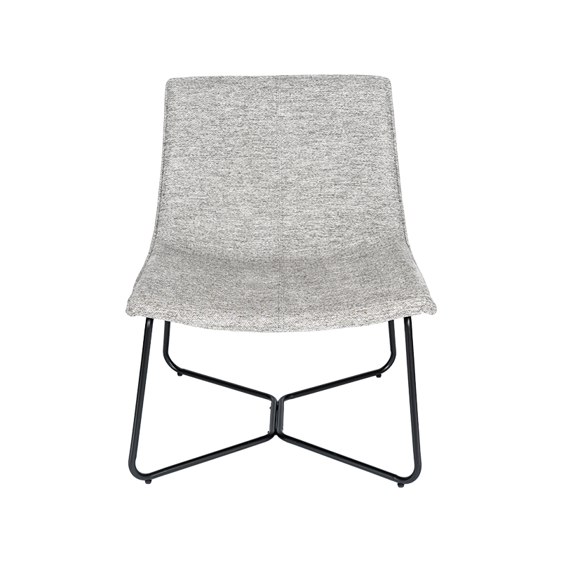 Cathaoir fóillíochta liath le fráma iarainn dubh, cathaoir maisiúil fabraice upholstered liath agus dubh